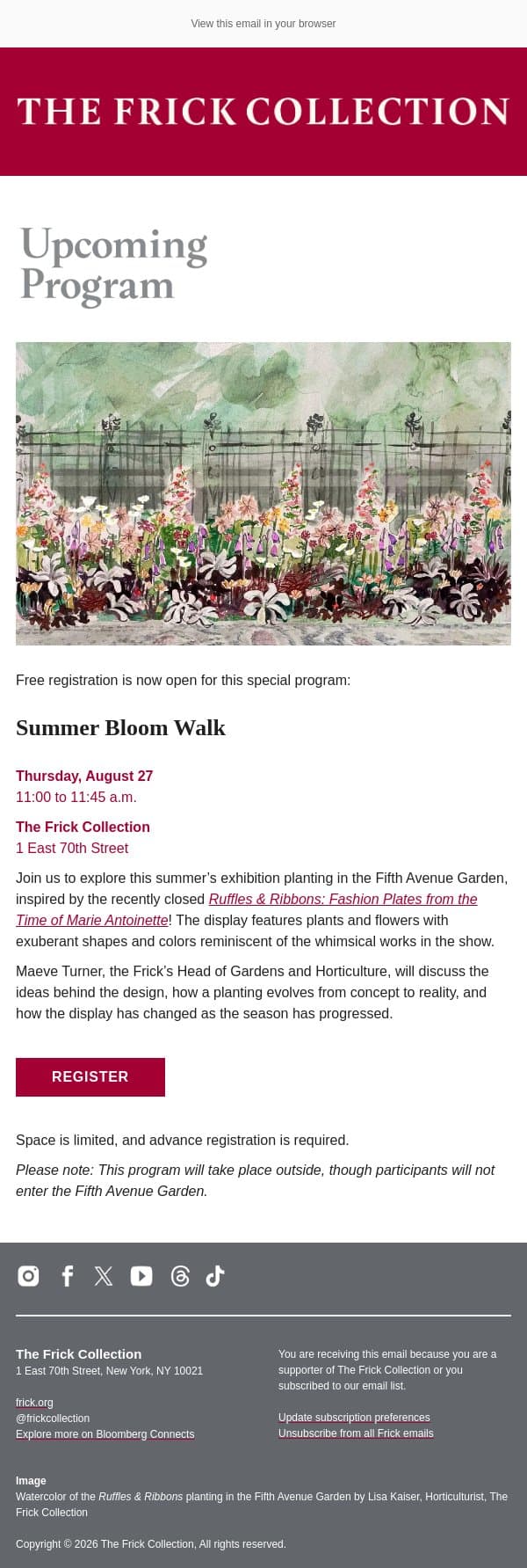Join Us for a Summer Bloom Walk! email from The Frick Collection screenshot