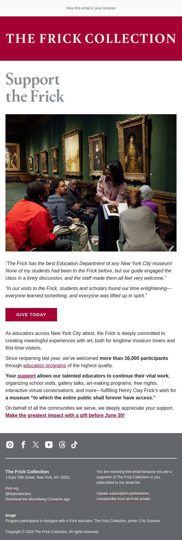 "Everyone was lifted up in spirit" email from The Frick Collection screenshot
