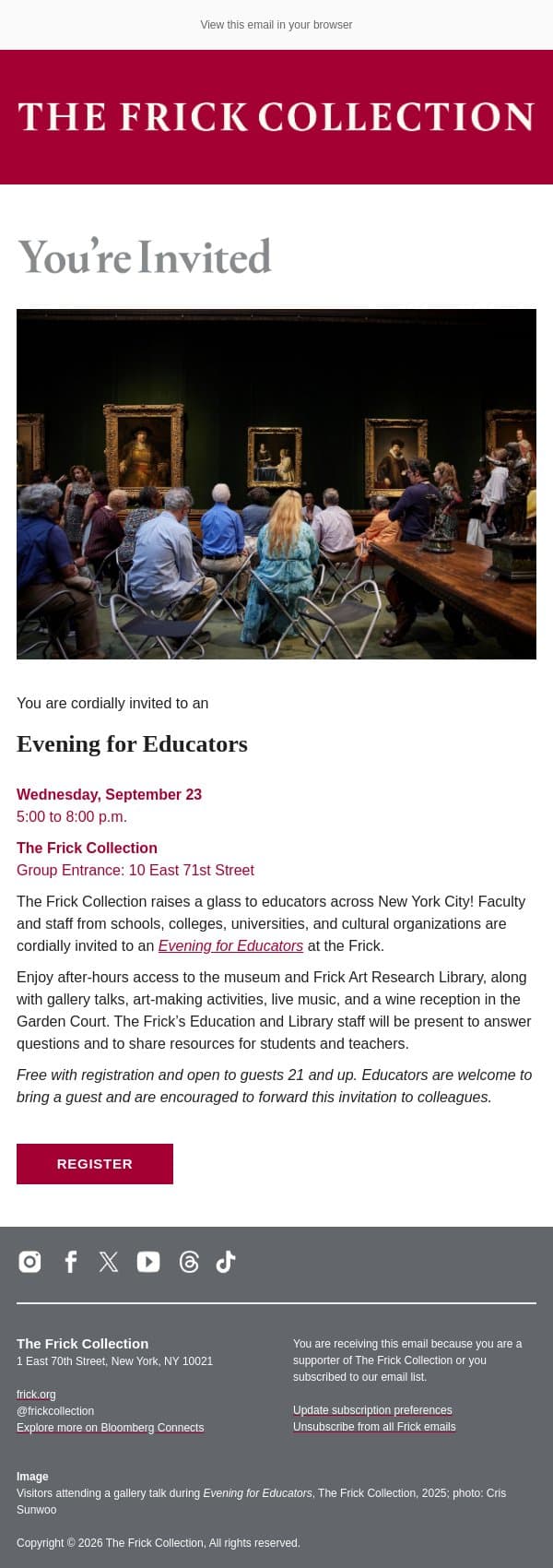 You're Invited: Evening for Educators email from The Frick Collection screenshot