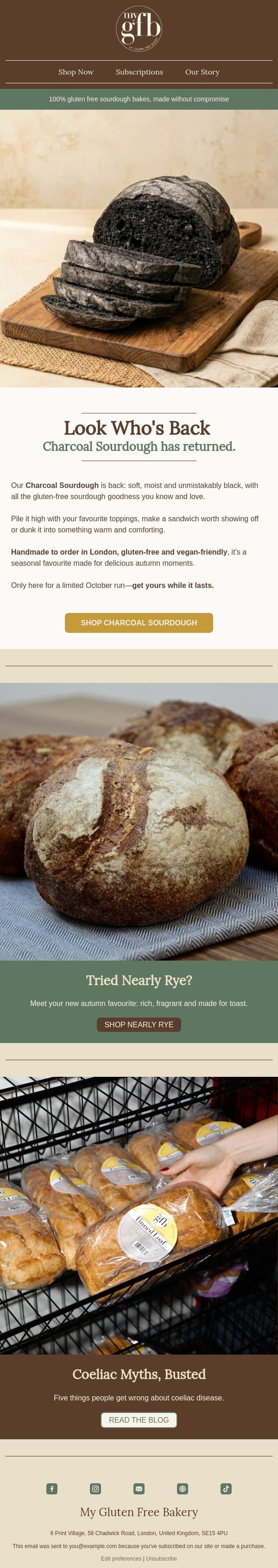 Back for a spell: Charcoal Sourdough đź–¤ email from The Gluten Free Bakery screenshot