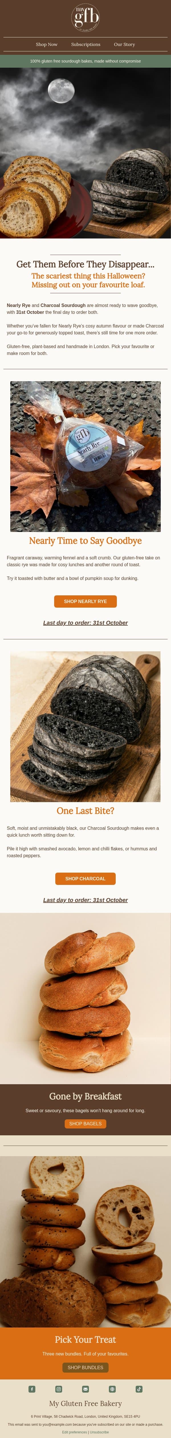 A little frightening how soon these are leaving 👻 email from The Gluten Free Bakery screenshot