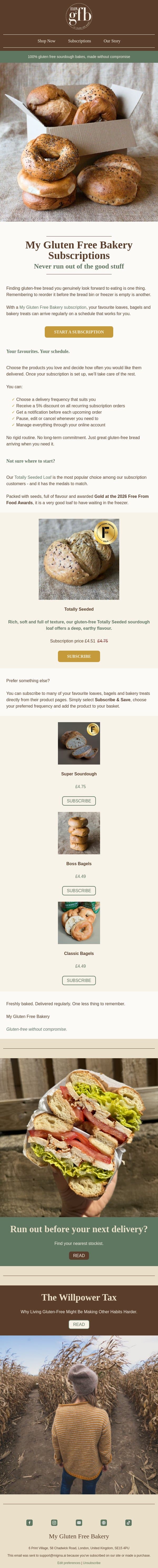 Your gluten-free favourites, delivered regularly email from The Gluten Free Bakery screenshot