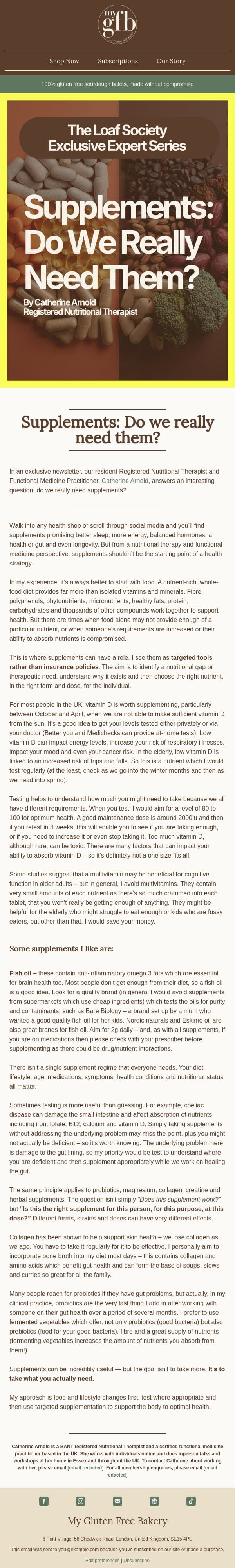 Before you buy another supplement… email from The Gluten Free Bakery screenshot