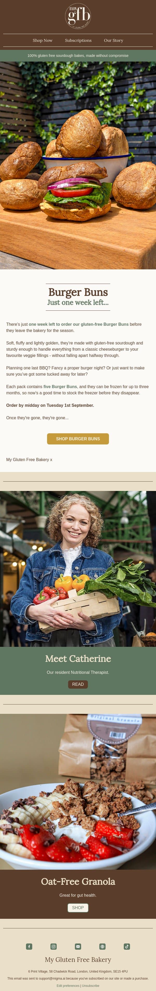 Last call for Burger Buns π email from The Gluten Free Bakery screenshot