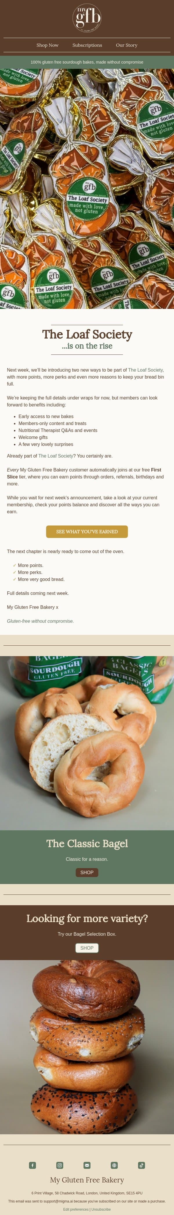 The Loaf Society is on the rise... email from The Gluten Free Bakery screenshot