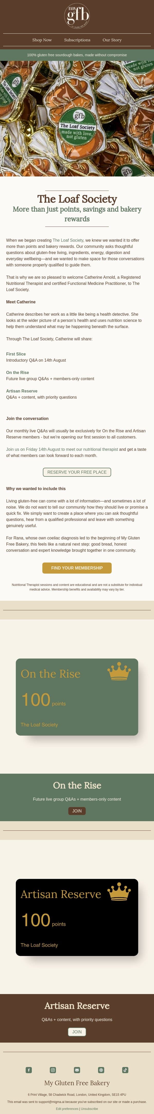 Trusted nutrition guidance, included with upgraded memberships email from The Gluten Free Bakery screenshot