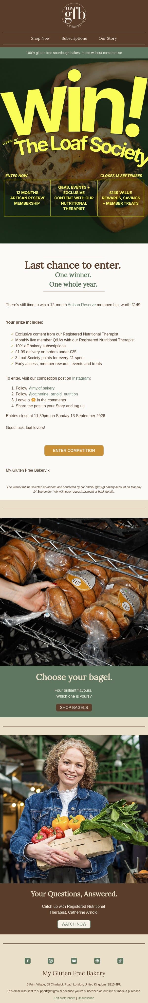 Last chance to win a year of The Loaf Society email from The Gluten Free Bakery screenshot