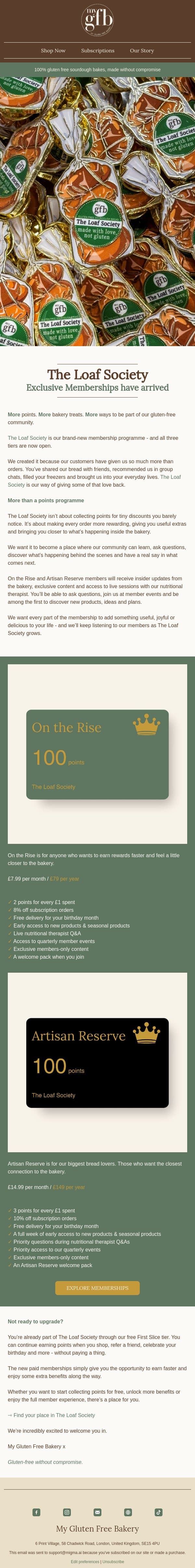 The Loaf Society has risen email from The Gluten Free Bakery screenshot