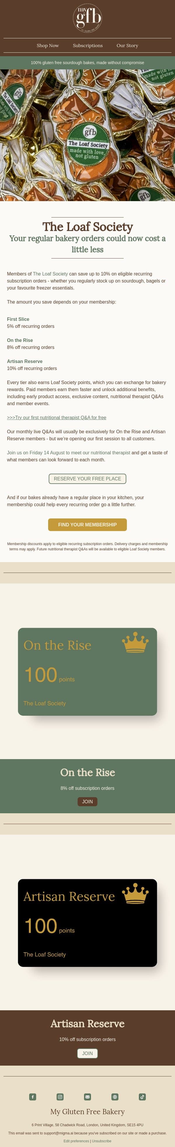 Want 10% off every order? email from The Gluten Free Bakery screenshot