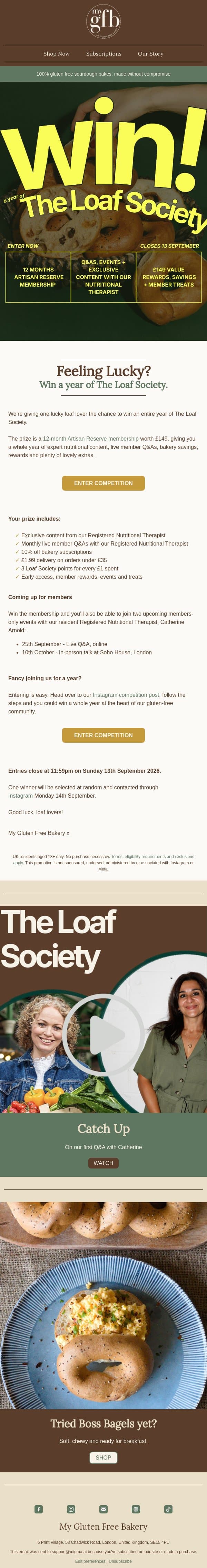 Win a year of The Loaf Society Membership email from The Gluten Free Bakery screenshot