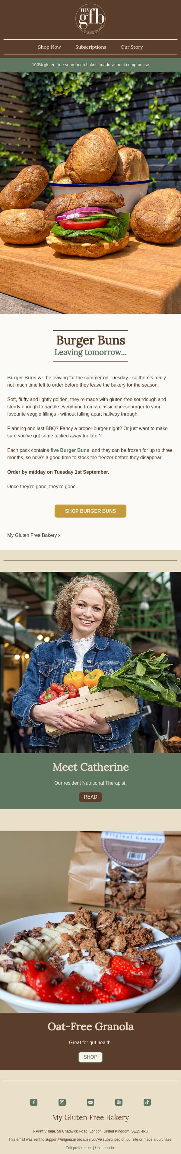 Last chance: Burger Buns leave on Tuesday π email from The Gluten Free Bakery screenshot
