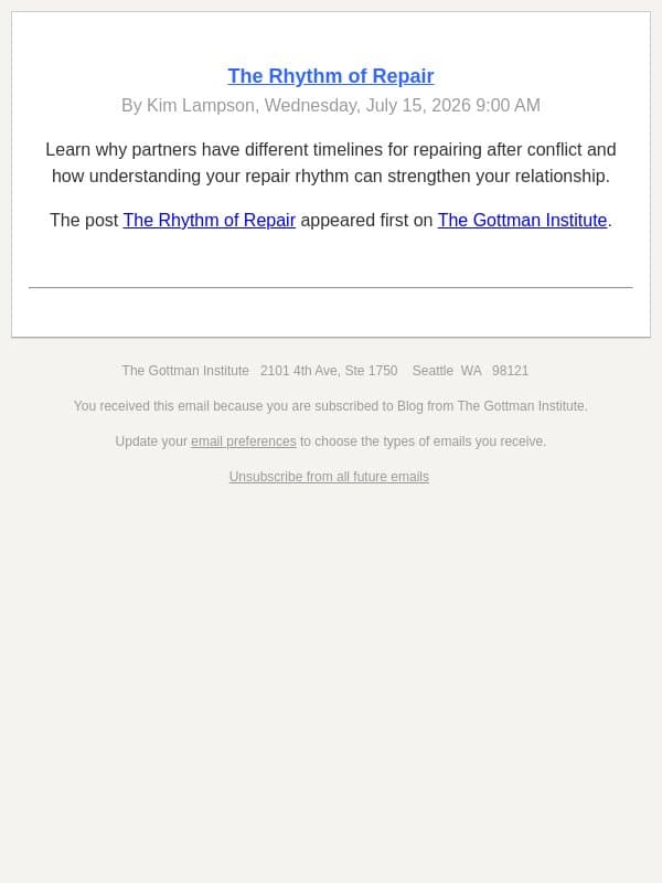 The Rhythm of Repair email from The Gottman Institute screenshot
