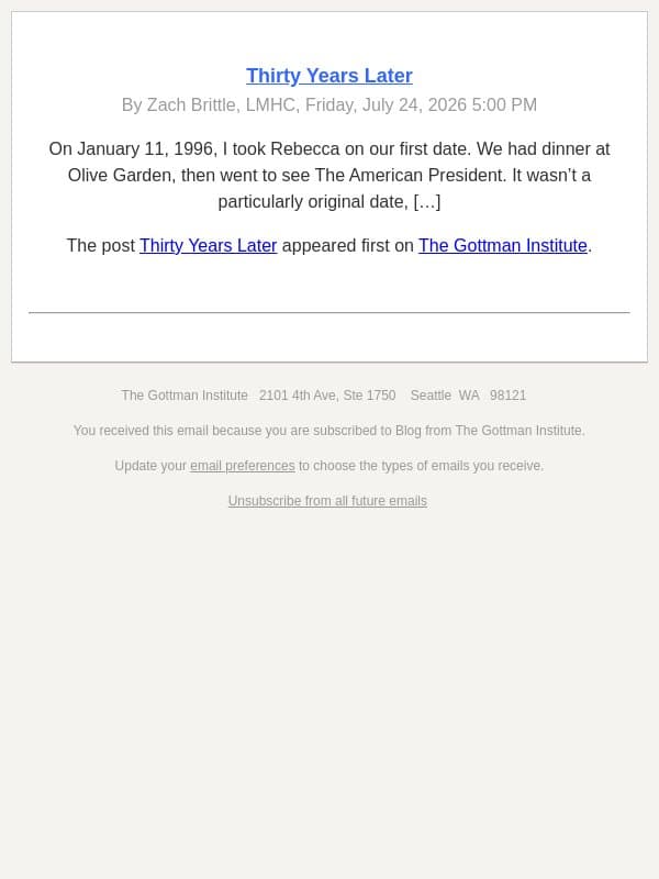 Thirty Years Later email from The Gottman Institute screenshot