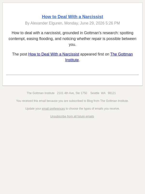 How to Deal With a Narcissist email from The Gottman Institute screenshot
