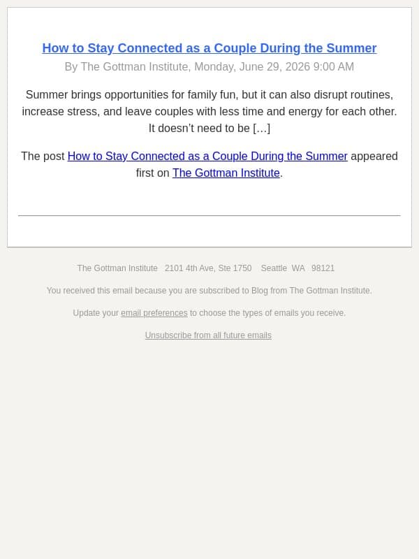 How to Stay Connected as a Couple During the Summer email from The Gottman Institute screenshot