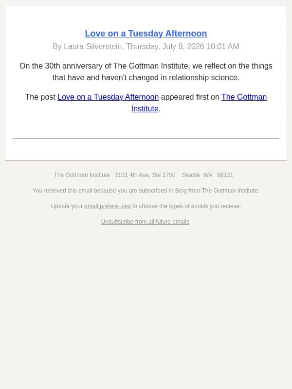 Love on a Tuesday Afternoon email from The Gottman Institute screenshot