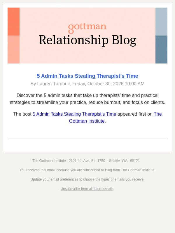 5 Admin Tasks Stealing Therapist’s Time email from The Gottman Institute