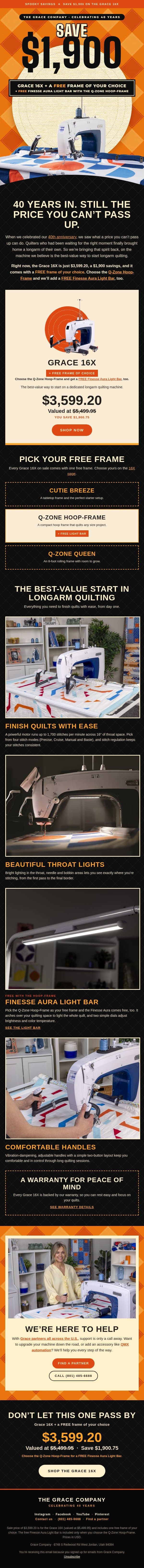 Save $1,900 on the Grace 16X (plus a FREE frame) email from The Grace Company screenshot