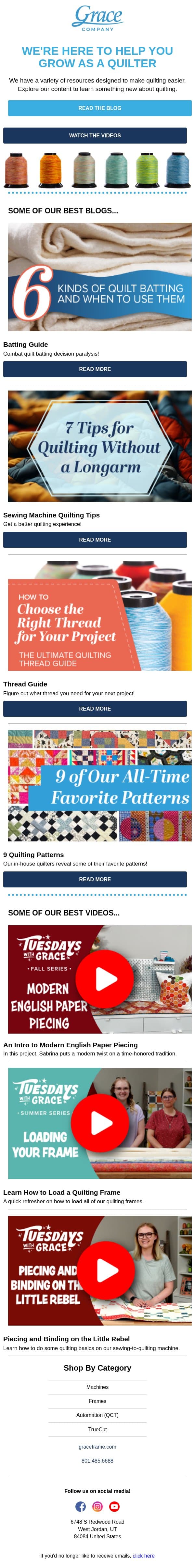 Here's your quilting how-to guide, Home-Based Quilter! 🧵 email from The Grace Company screenshot