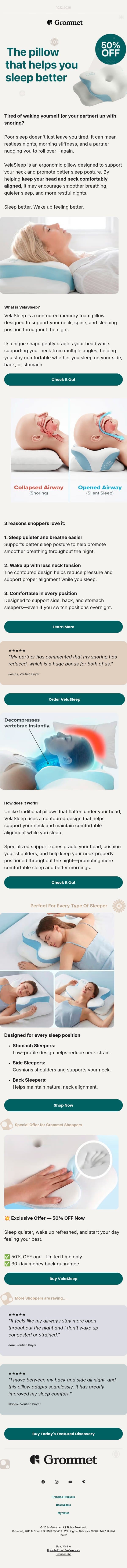 Poor sleep. Snoring. Neck pain. ❌ email from The Grommet screenshot