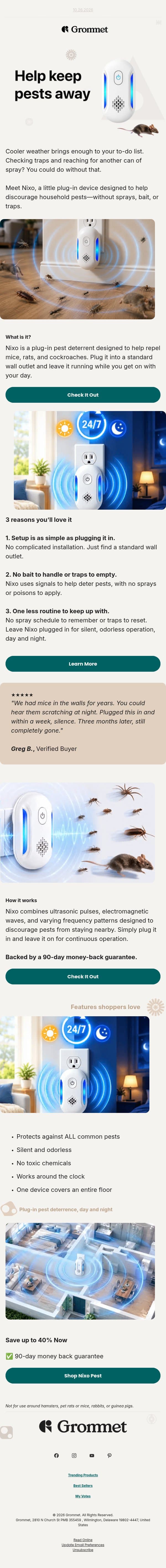 Pests? Skip the sprays and traps 🔌 email from The Grommet screenshot