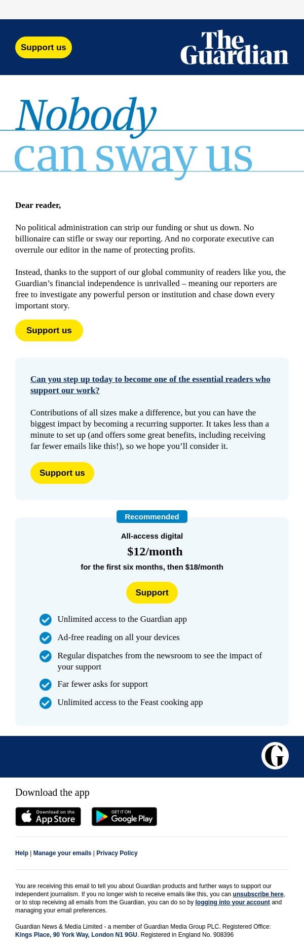 Nobody can sway us email from The Guardian screenshot