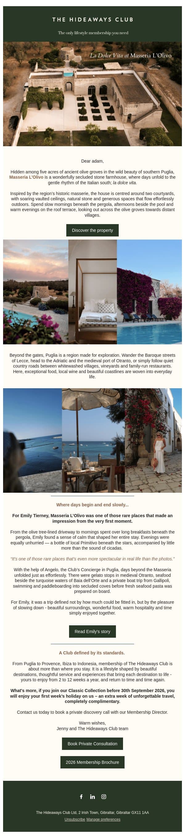 A Hideaways home in Puglia email from The Hideaways Club screenshot
