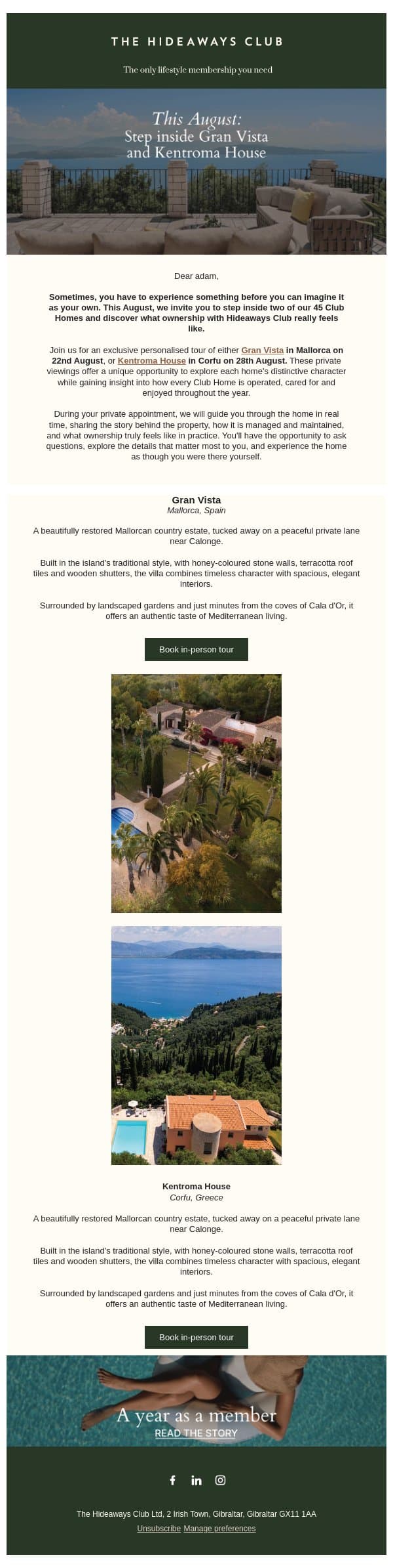 Two Club Homes, two open house invitations email from The Hideaways Club screenshot
