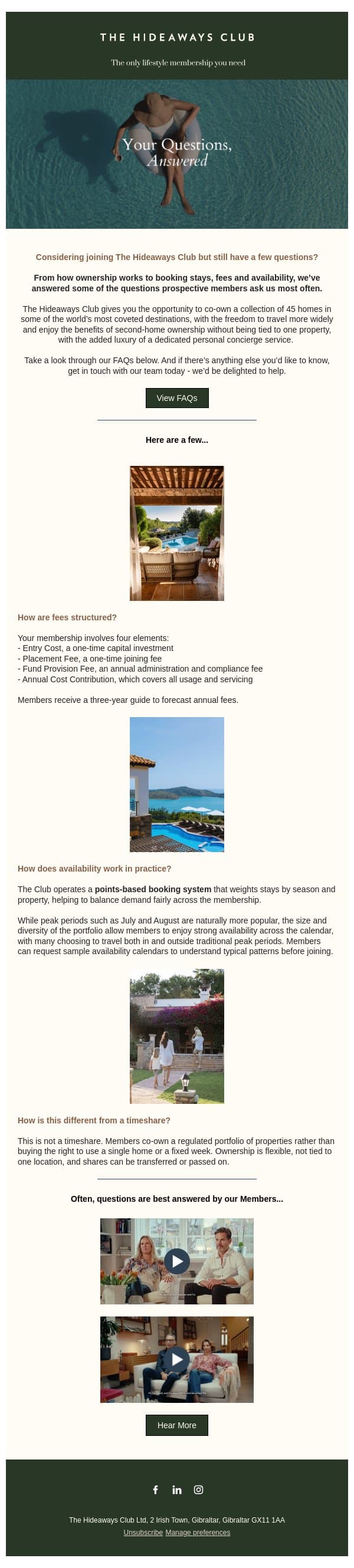 Your questions, answered email from The Hideaways Club screenshot
