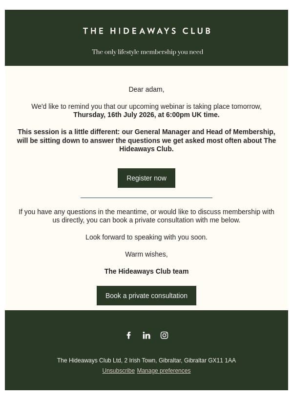 Webinar: Answering your top questions email from The Hideaways Club screenshot