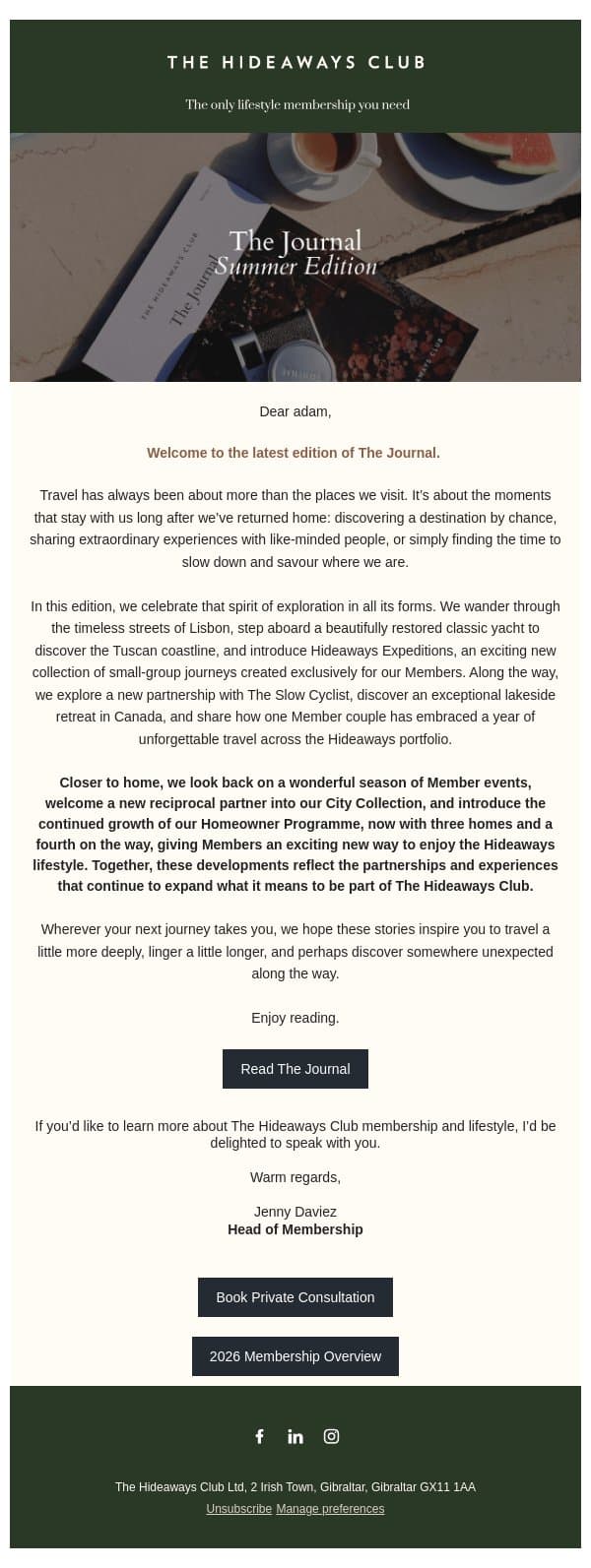 Discover The Journal – people, places and stories email from The Hideaways Club screenshot