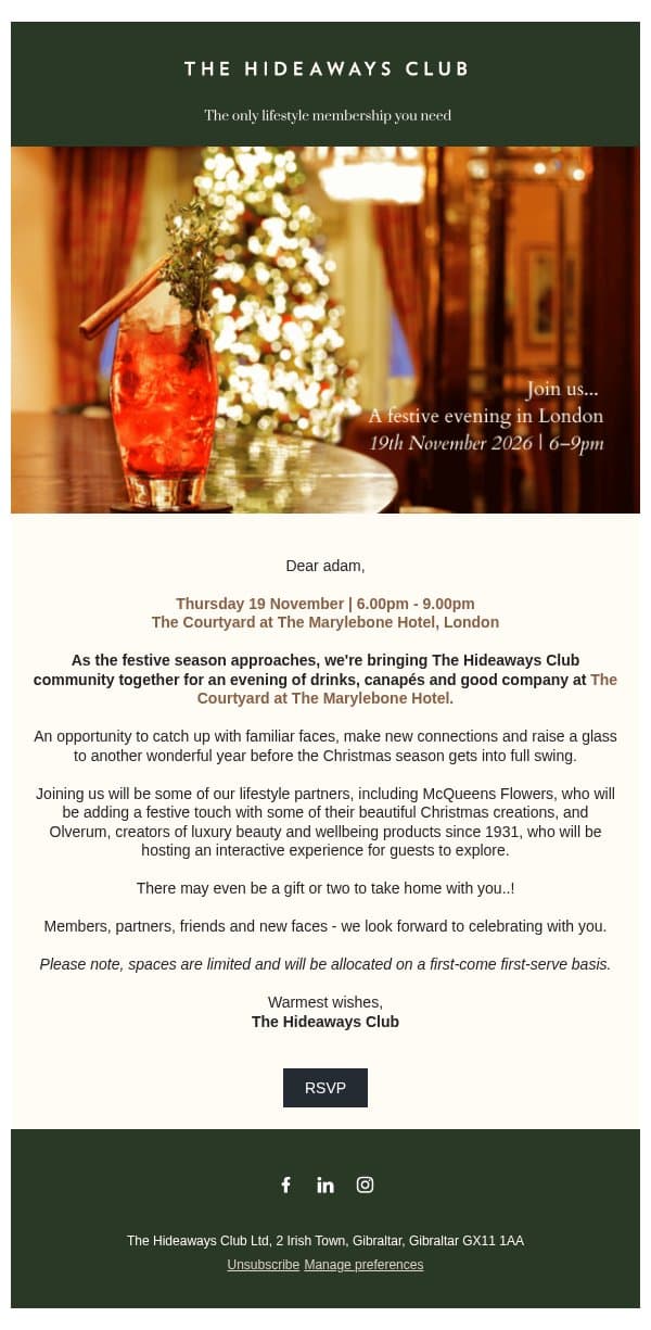 Join us... A festive evening in London email from The Hideaways Club screenshot