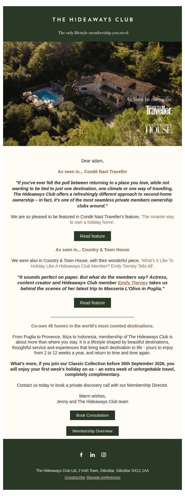 As seen in - Condé Nast Traveller and Country & Town House email from The Hideaways Club screenshot