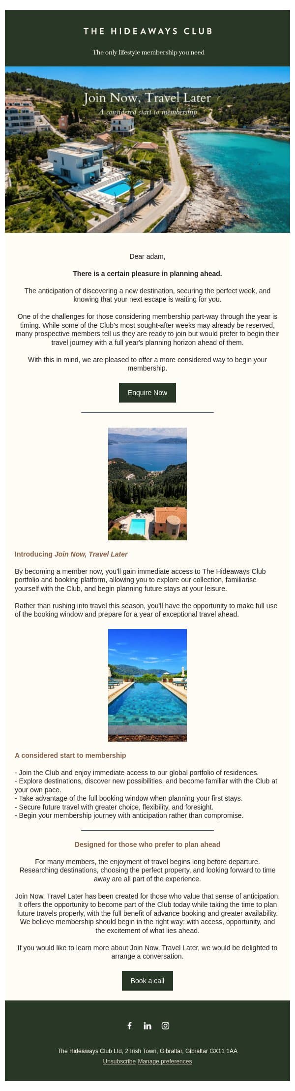 Join Now, Travel Later email from The Hideaways Club screenshot