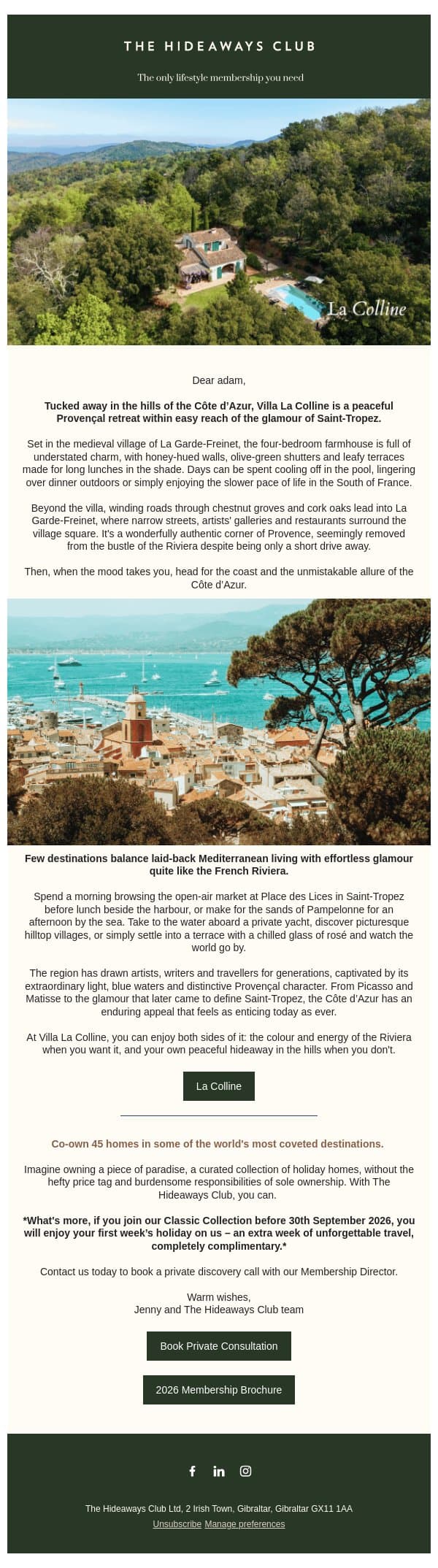 Discover Villa La Colline email from The Hideaways Club screenshot