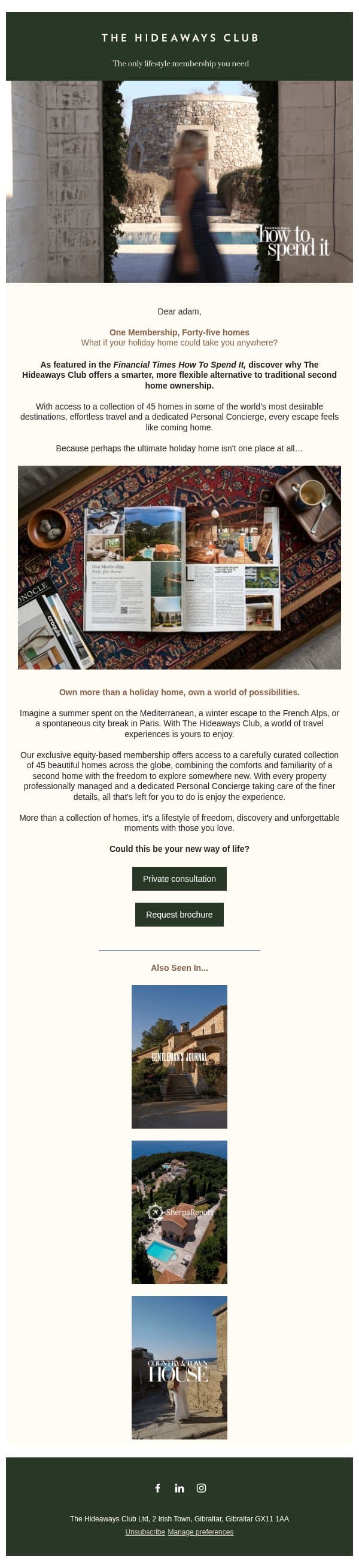 One Membership, Forty-five homes | Financial Times HTSI email from The Hideaways Club screenshot