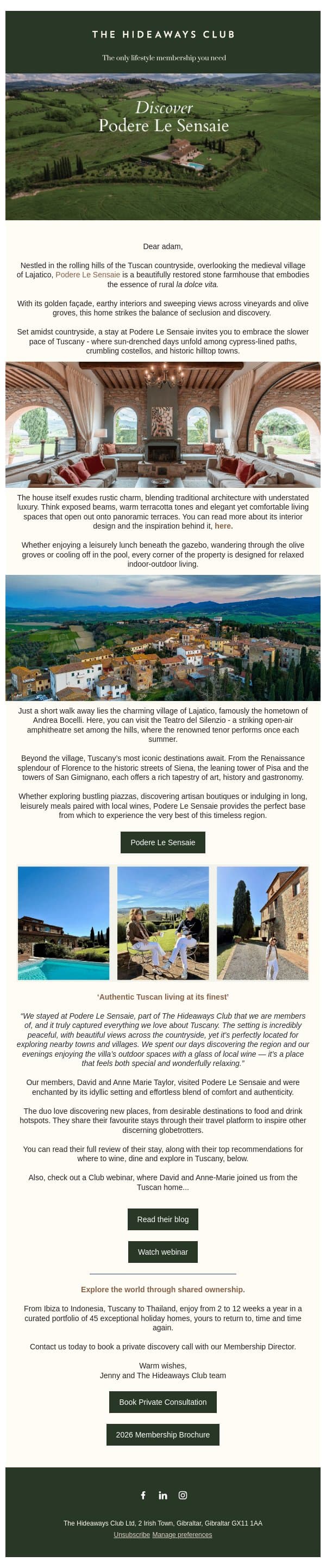 Discover Podere Le Sensaie email from The Hideaways Club screenshot