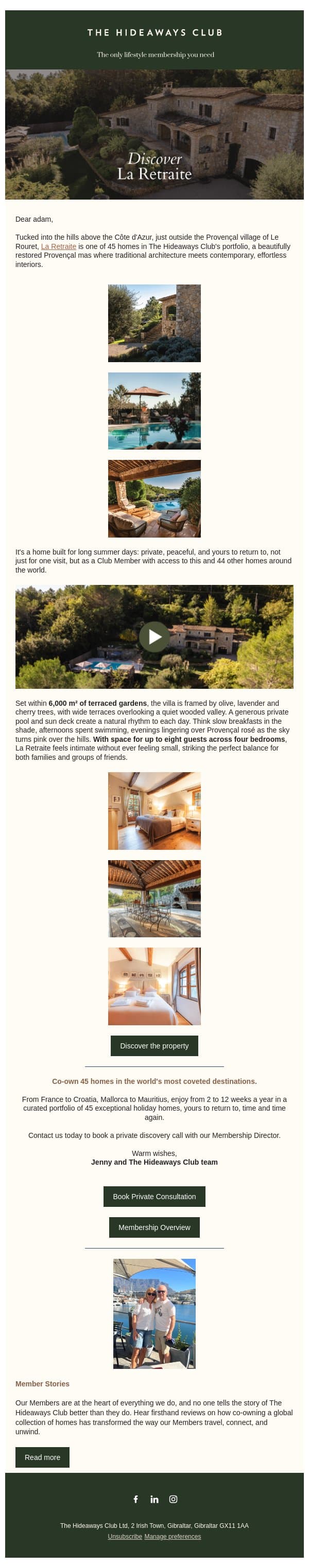 A restored Provençal mas above the Côte d'Azur email from The Hideaways Club screenshot