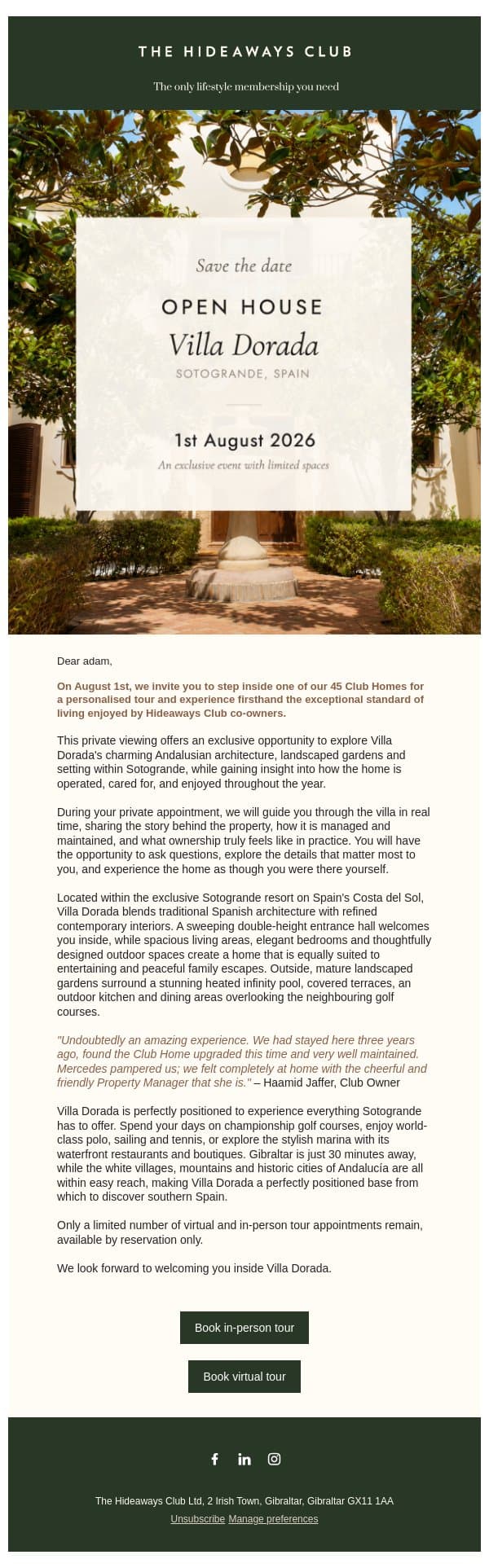 Save the date - Open House in Sotogrande email from The Hideaways Club screenshot