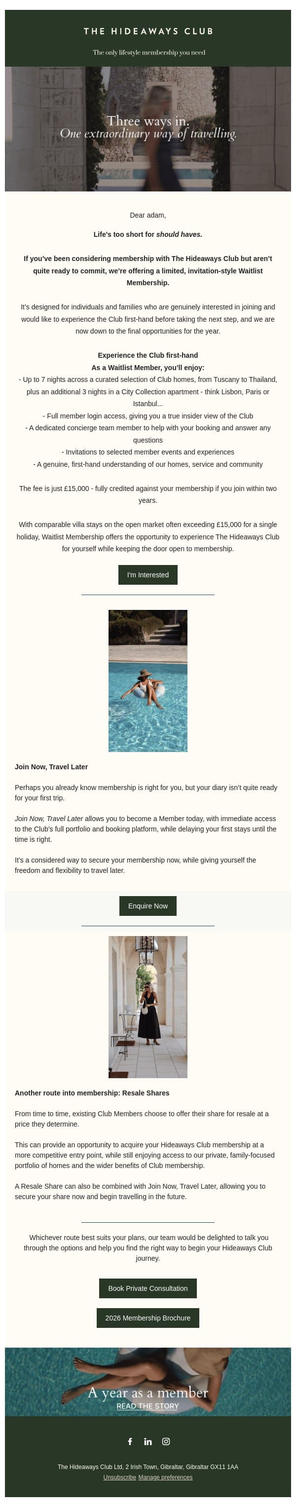 Three ways in. One extraordinary way of travelling. email from The Hideaways Club screenshot