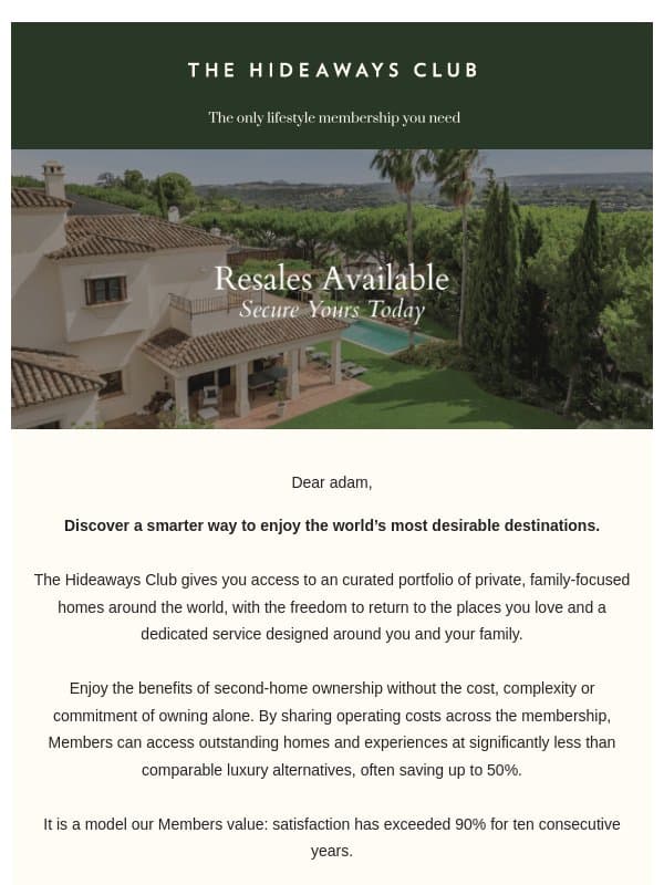Join now to experience a private family focused portfolio email from The Hideaways Club