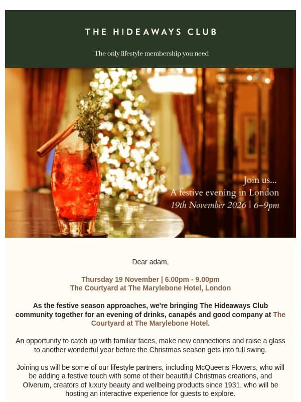 Join us... A festive evening in London email from The Hideaways Club