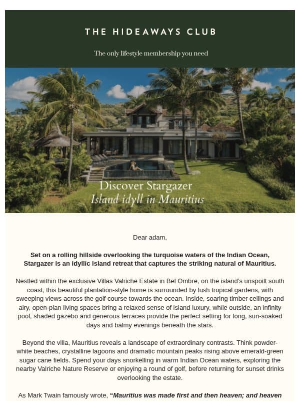 Discover Stargazer email from The Hideaways Club