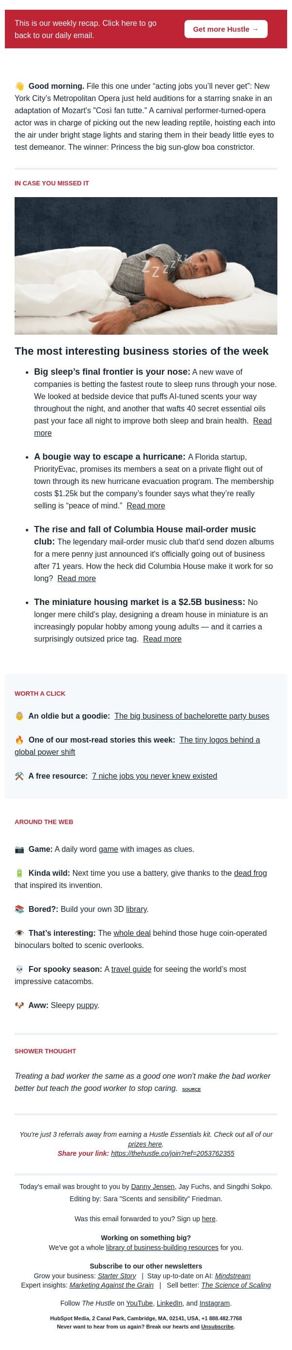 😴 Smell ya later, insomnia email from The Hustle screenshot