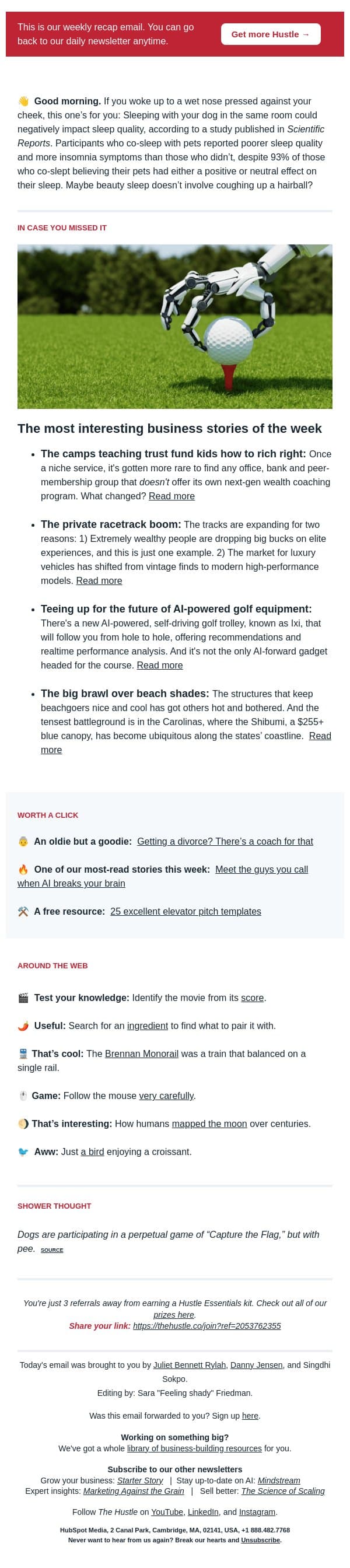🏁 Oh, you don't have a private racetrack? email from The Hustle screenshot