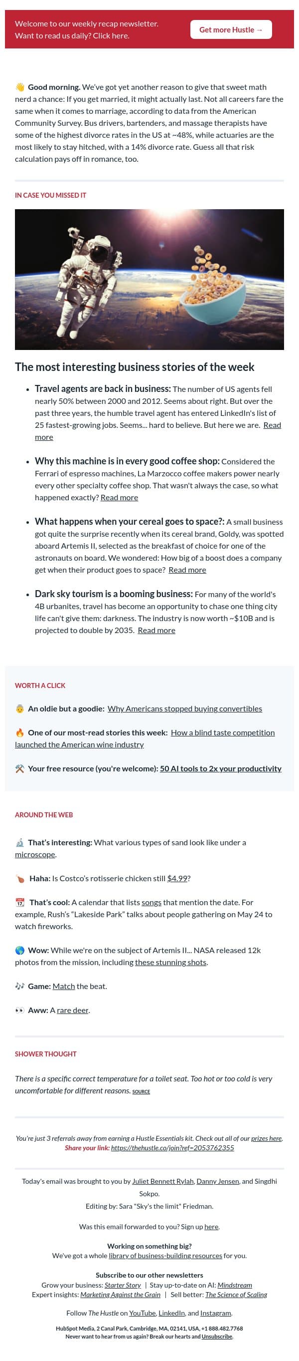 🚀 Eating cereal in outer space email from The Hustle screenshot