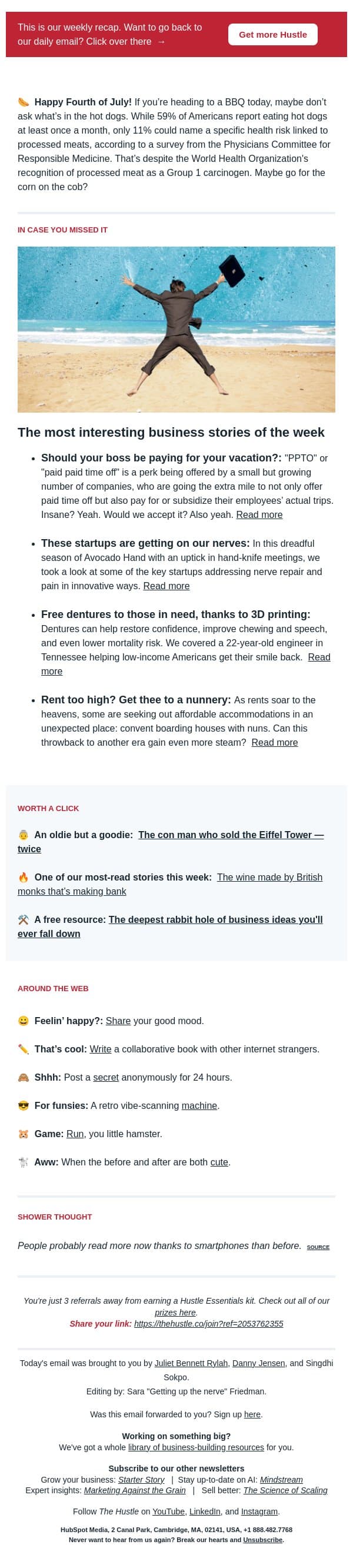 🏖️ Beach time, company dime email from The Hustle screenshot