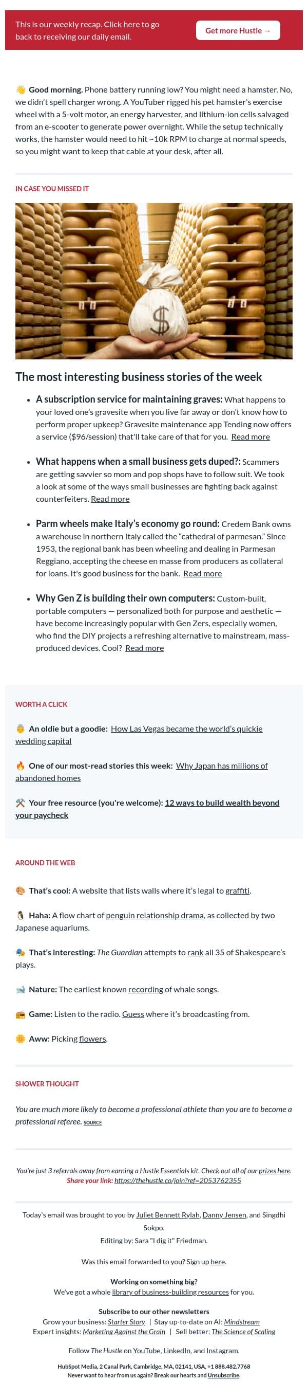 🧀 Cheese as collateral? email from The Hustle screenshot