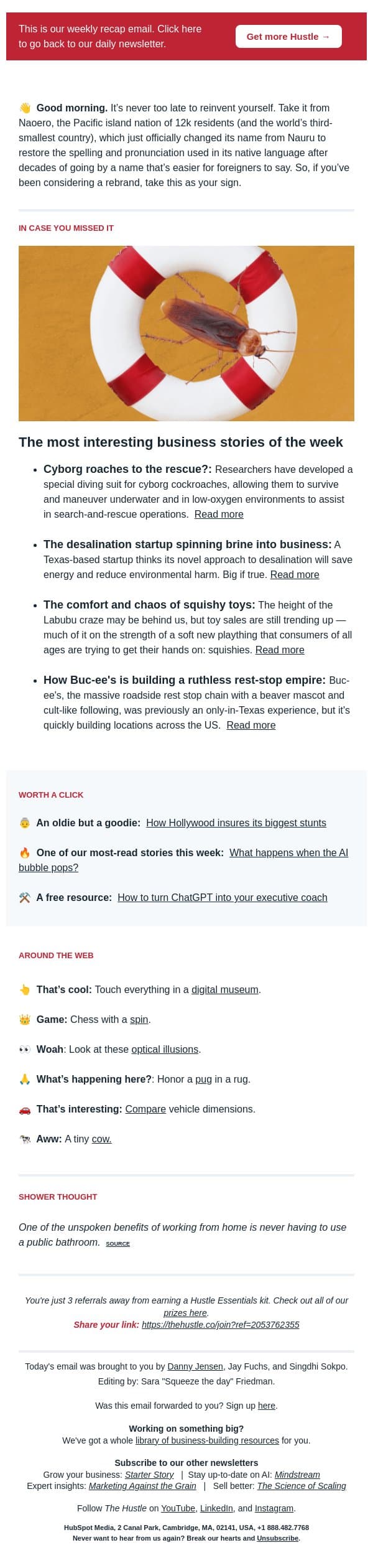 π¨ Roaches to the rescue email from The Hustle screenshot