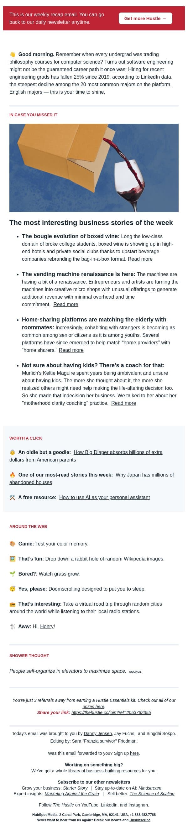 🍷 Thinking outside the wine box email from The Hustle screenshot